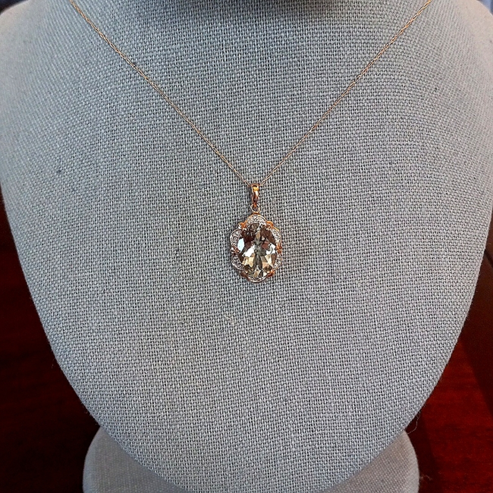 Vintage Genuine Green Amethyst (20x15mm) & Diamond Pendant in SOLID 10K YG